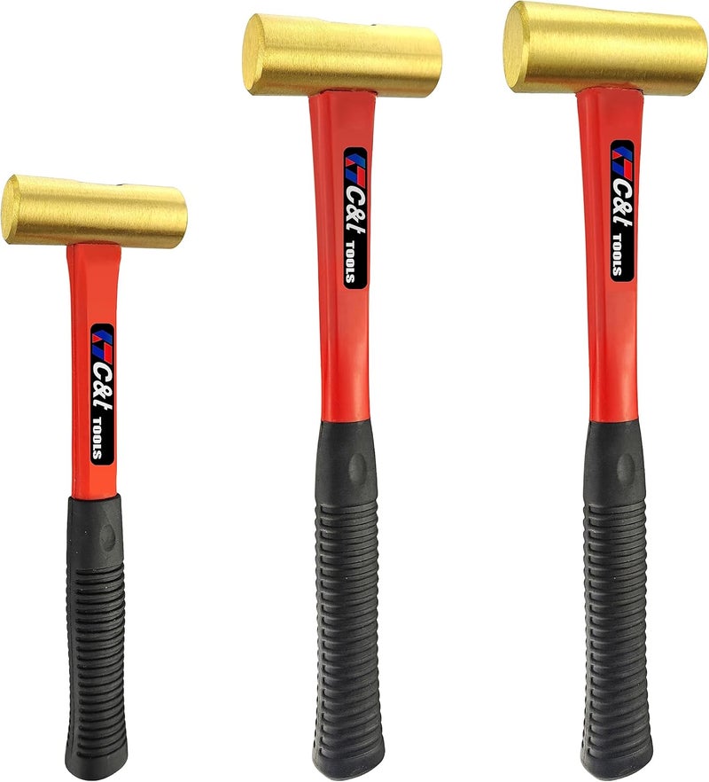 ct 3-Piece Hammer Set, Jacketed Fiberglass Solid Brass Non-Sparking Hammers, 16, 24, 32oz, Non-Marring - Image 1